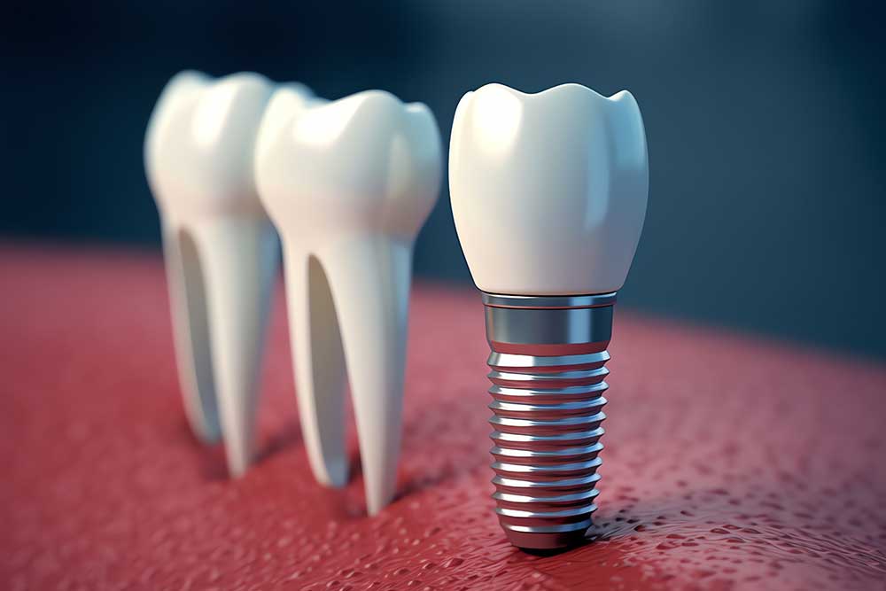 Dental implant placed beside natural teeth in jawbone model