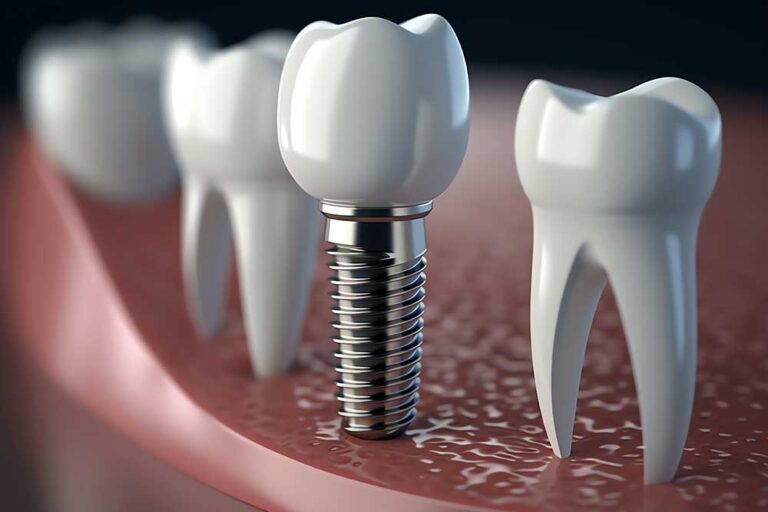 Dental implants model showing artificial tooth root with crown on gum surface