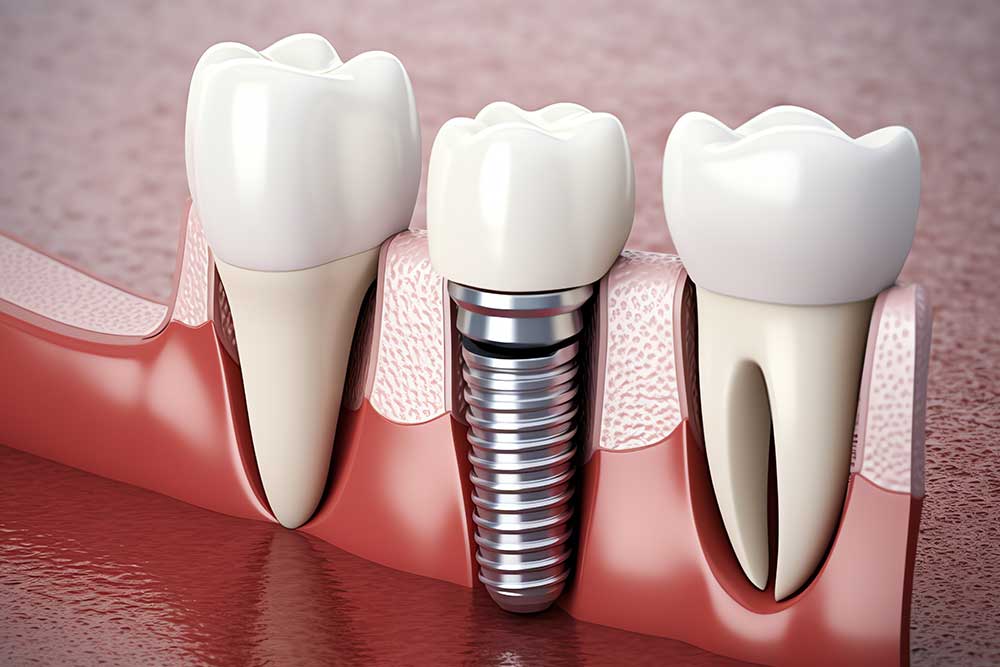 Implant dentistry model showing artificial tooth root integrated with jawbone beside natural teeth