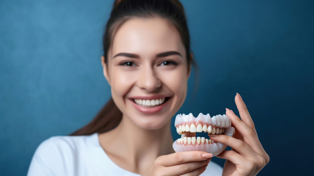 Young woman smiling as dentist shows dental implant model in Sydney clinic