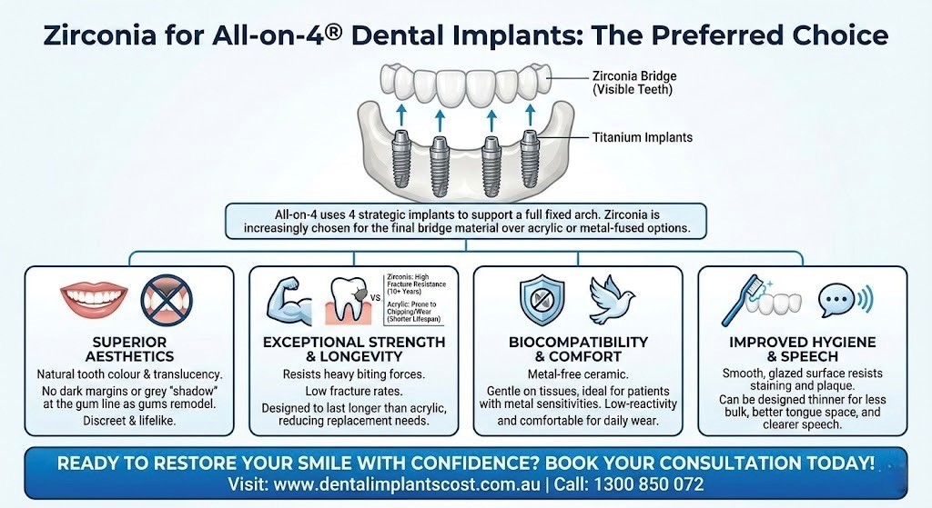 Zirconia as preferred choice for all on four dental implants infographic