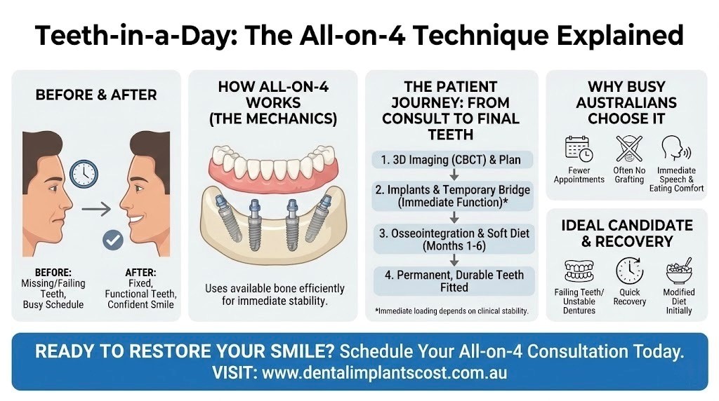 Infographic explaining teeth in a day using All on 4 dental implants