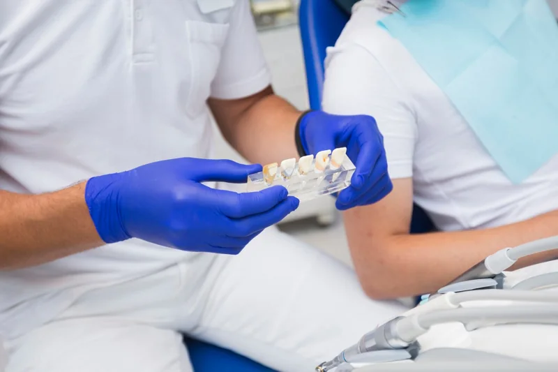 Dentist holding single tooth implant and dental bridge replacement models during dental consultation