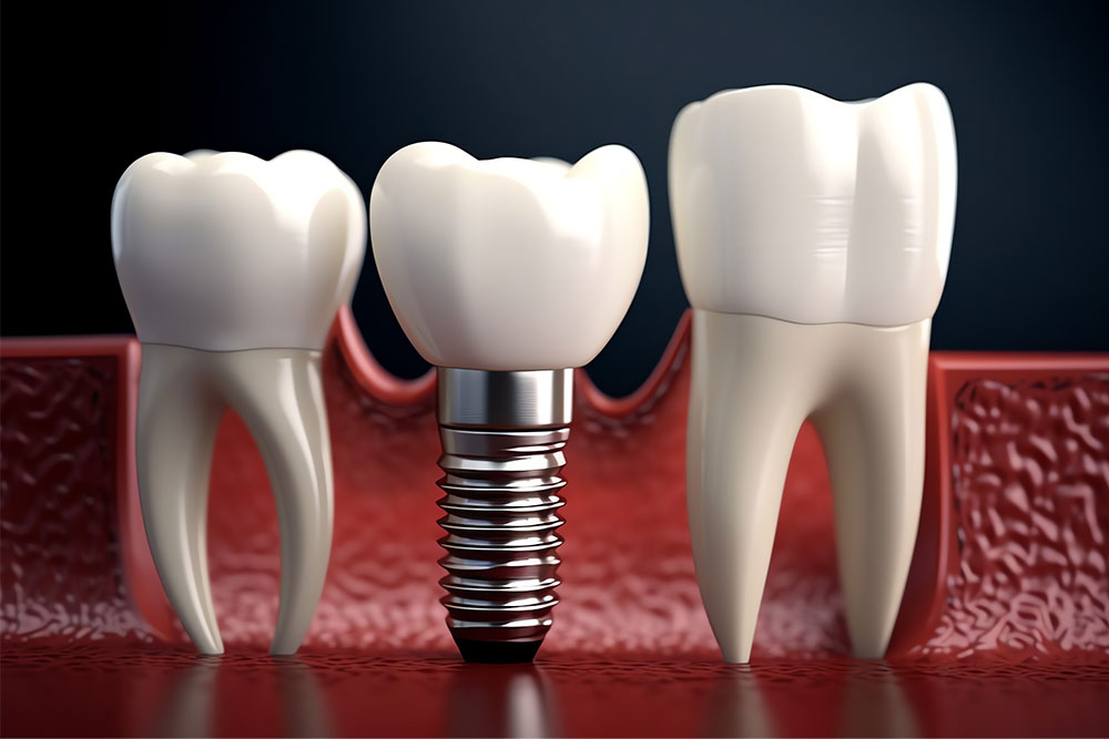 Dental implant with realistic tooth model fixed into jawbone structure