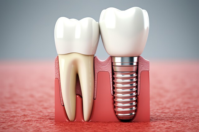 Dental implant replacing a missing tooth and natural-looking artificial crown in the gums